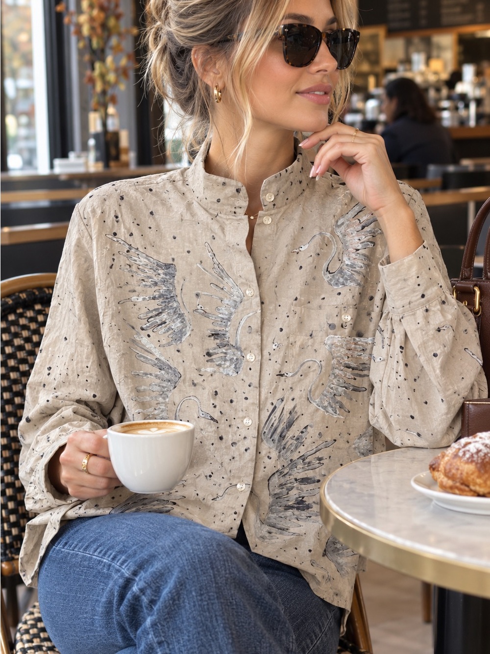 💯 Silk Hand Painted Beige Crane Print Button-Front Shirt
